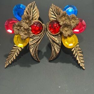Vintage Floral Gemstone Earrings in Red, Blue, and Yellow